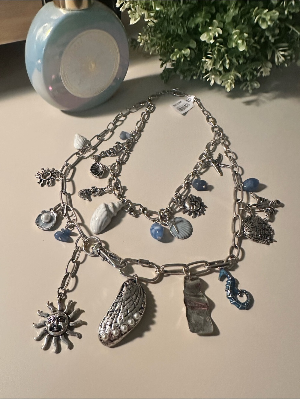 NWT Free People Maxamillion Silver-Tone Beach Charm Necklace with Blue Accents